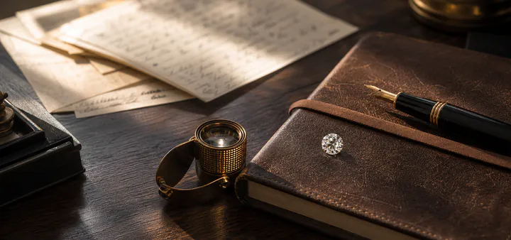 A writing desk holds a notebook, brass loupe, and loose diamond in warm window light.