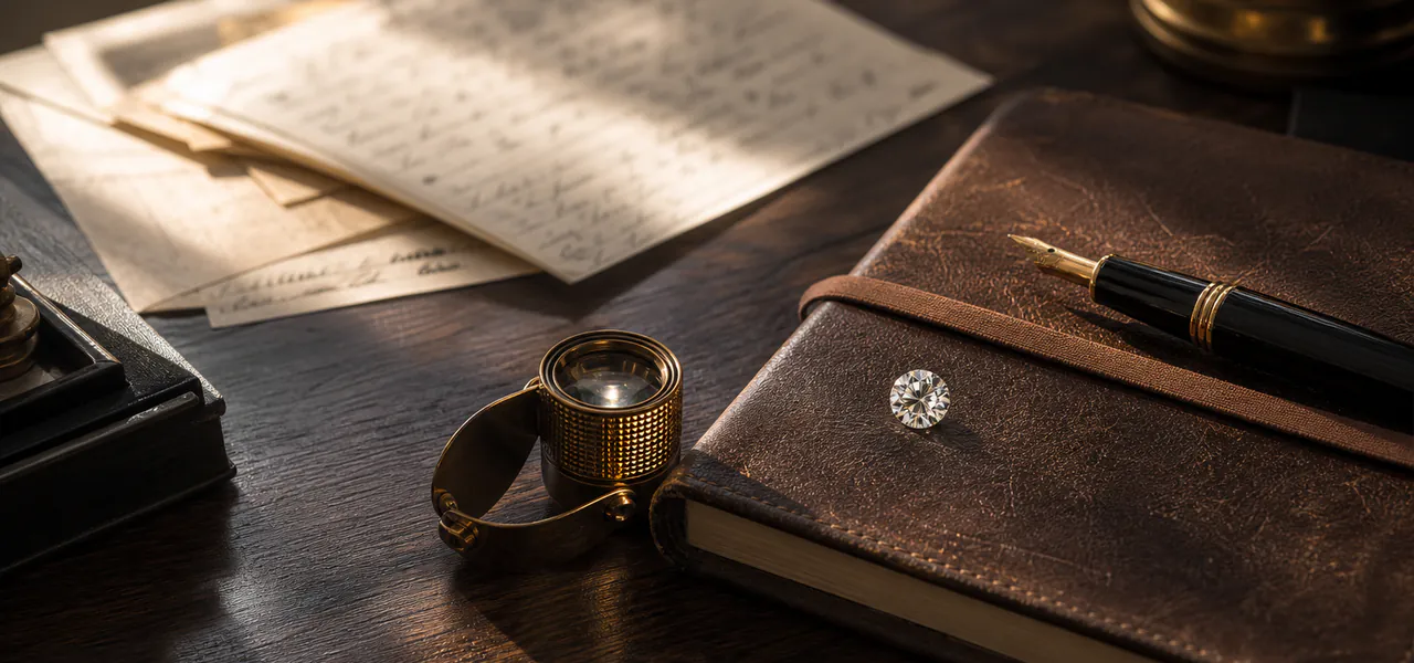 A writing desk holds a notebook, brass loupe, and loose diamond in warm window light.