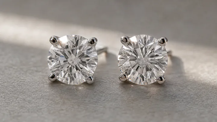 A pair of round brilliant diamond stud earrings faces the camera in soft daylight.