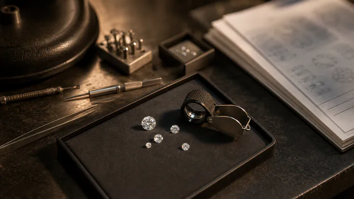 A diamond grading loupe, certificate, and loose stones sit on a cutting-house bench.