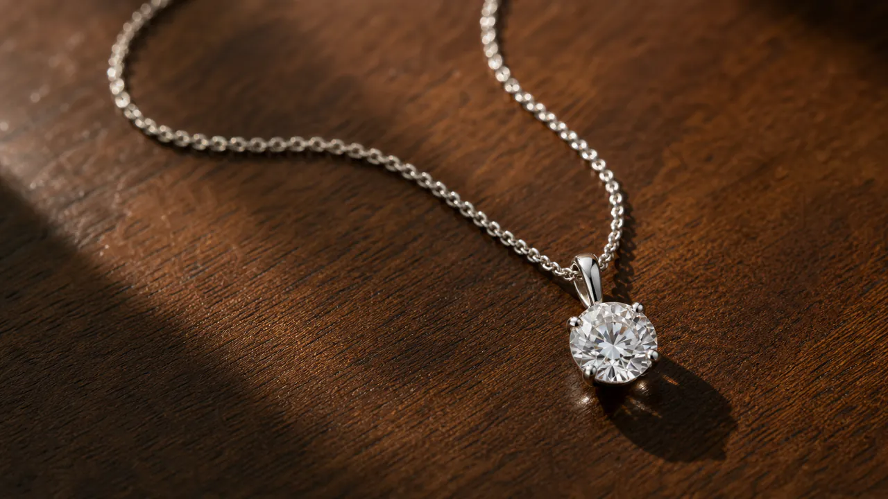 A solitaire diamond pendant rests on dark walnut with a fine white gold chain trailing into soft focus.