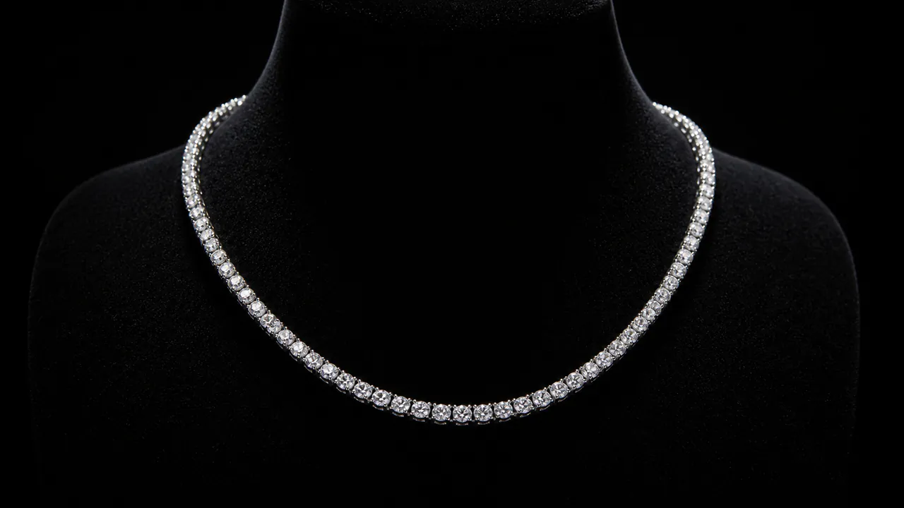 A diamond tennis necklace catches overhead light against a dark velvet display.