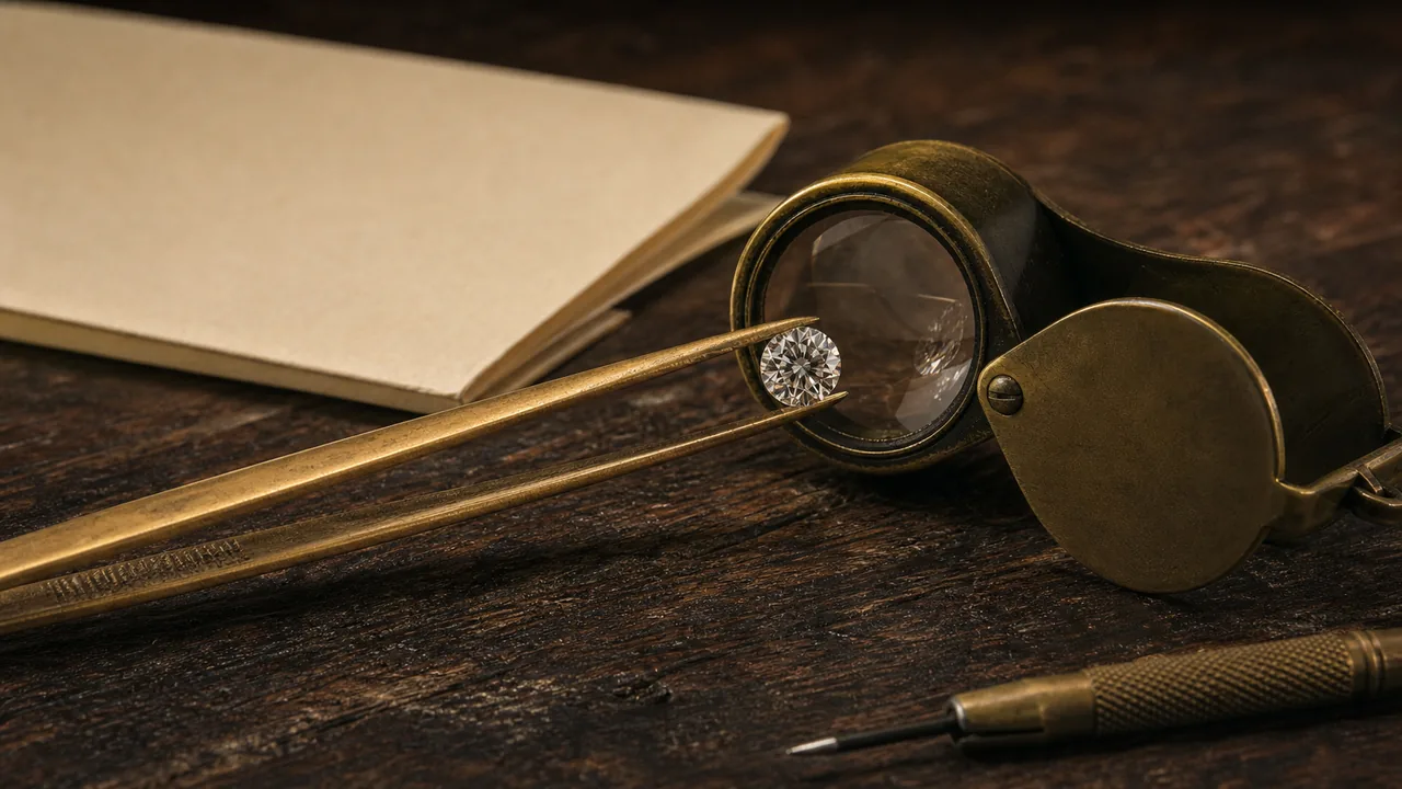 A loose colourless stone held in tweezers beside a 10x jeweller's loupe and a grading report on a dark bench.