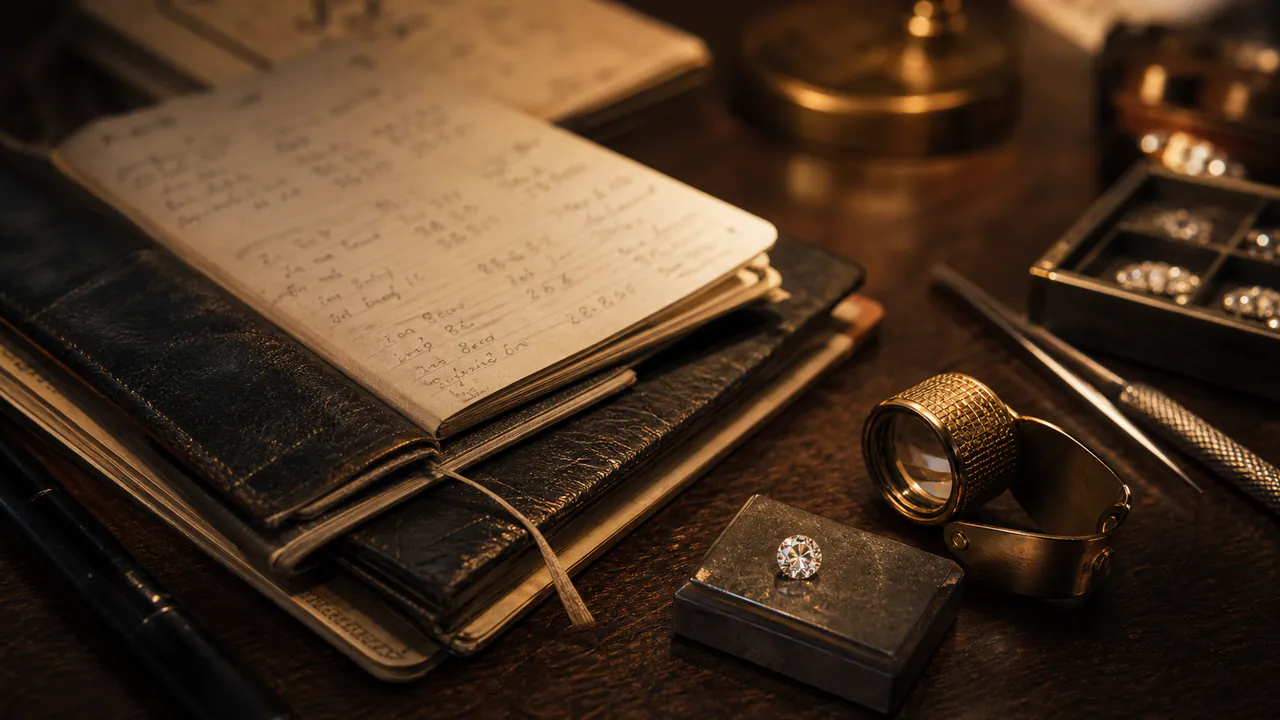 A leather notebook, brass loupe, loose diamond, and small scale sit on a dark wood desk.