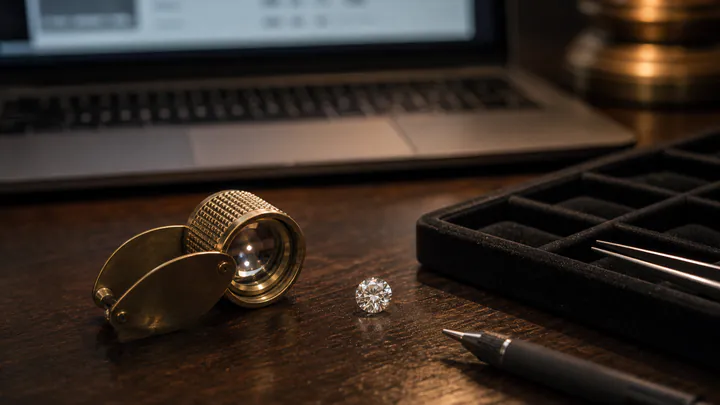 A laptop, grading loupe, and loose diamond parcel sit on a dark jeweller desk.